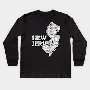 Mandala art map of New Jersey with text in white Kids Long Sleeve T-Shirt